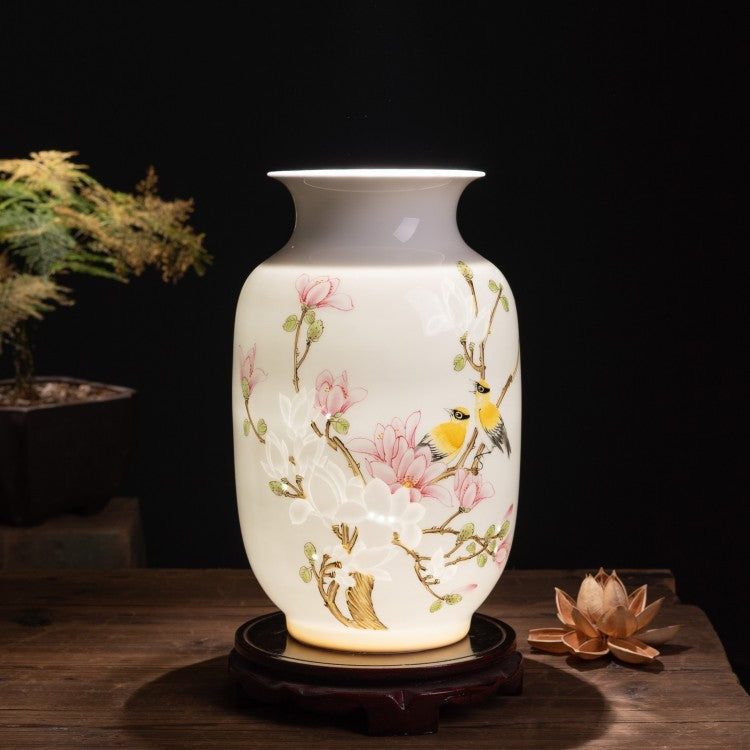 Translucent Hand-painted Thin Porcelain Vase with Bird and Floral Motif, New Chinese Style Home Decor