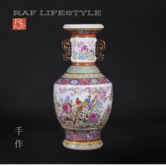 Imperial Qianlong Era-Inspired Vase, Enamel Painted Double-Ear Bird & Floral, Gilded Porcelain Floor Vase for Foyer, 24'' H