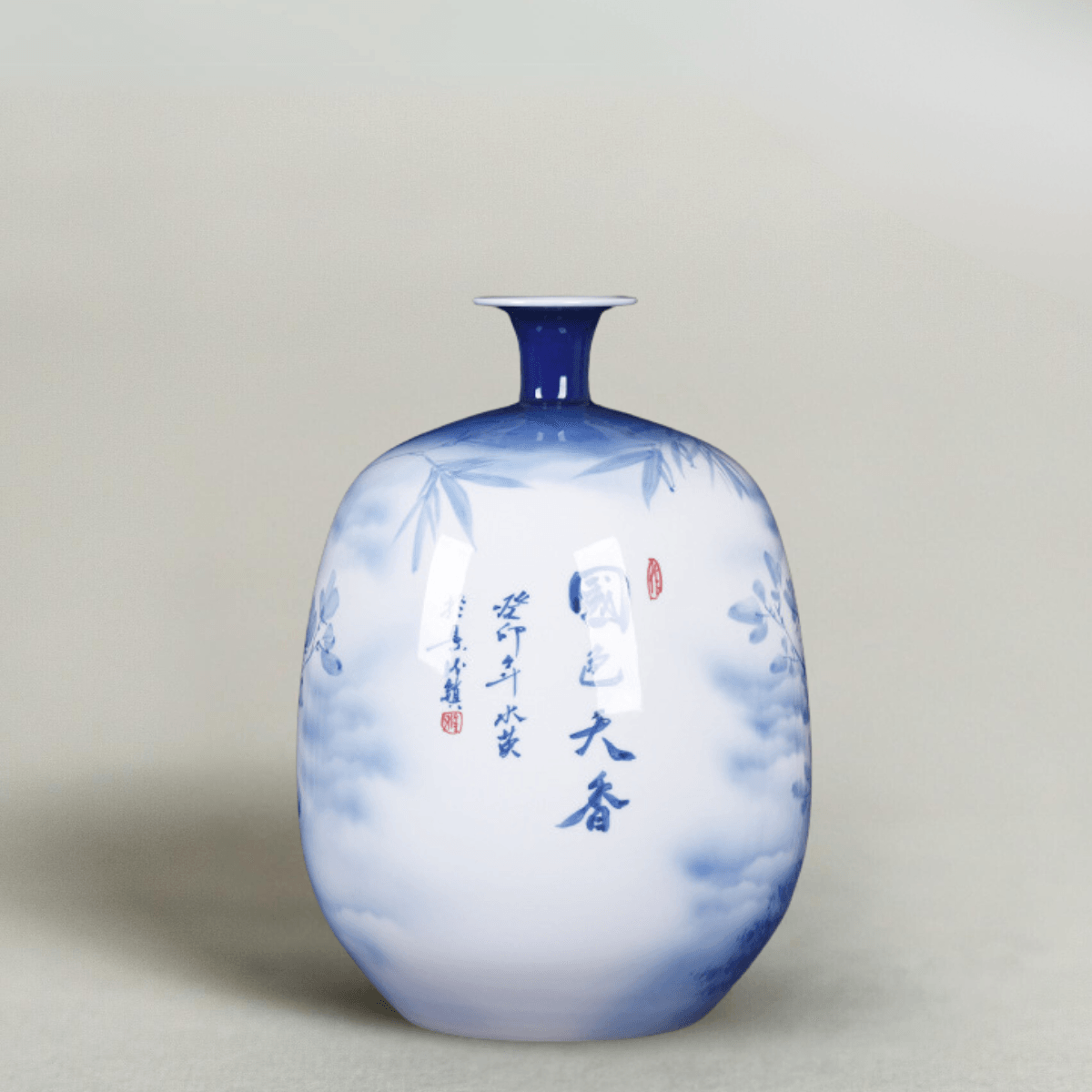 'Guo Se Tian Xiang' 国色天香 Blue and White Porcelain Vase, Traditional Chinese Peony Design, 15.35'' H - Raf LifeStyle