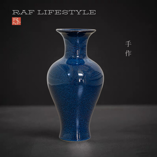 Dark Blue Ceramic Vase, Fish Tail Shape with Star-like Speckles, Home Decor, Unique Color Change Glaze, Artisan Crafted Porcelain