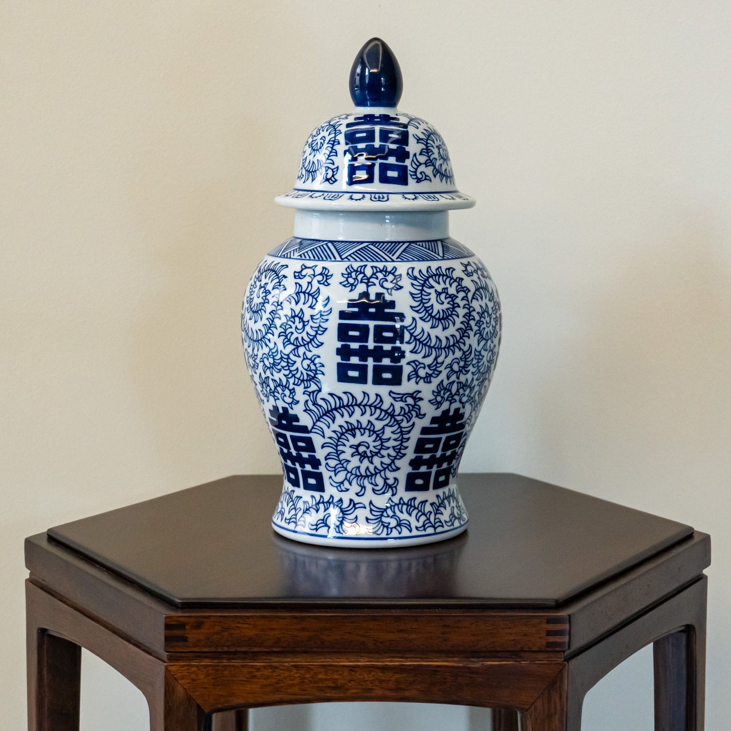 Ginger Jar Double Happiness Blue and White with Lotus Motif - Traditional Chinese Porcelain Vase - Home and Office Decor