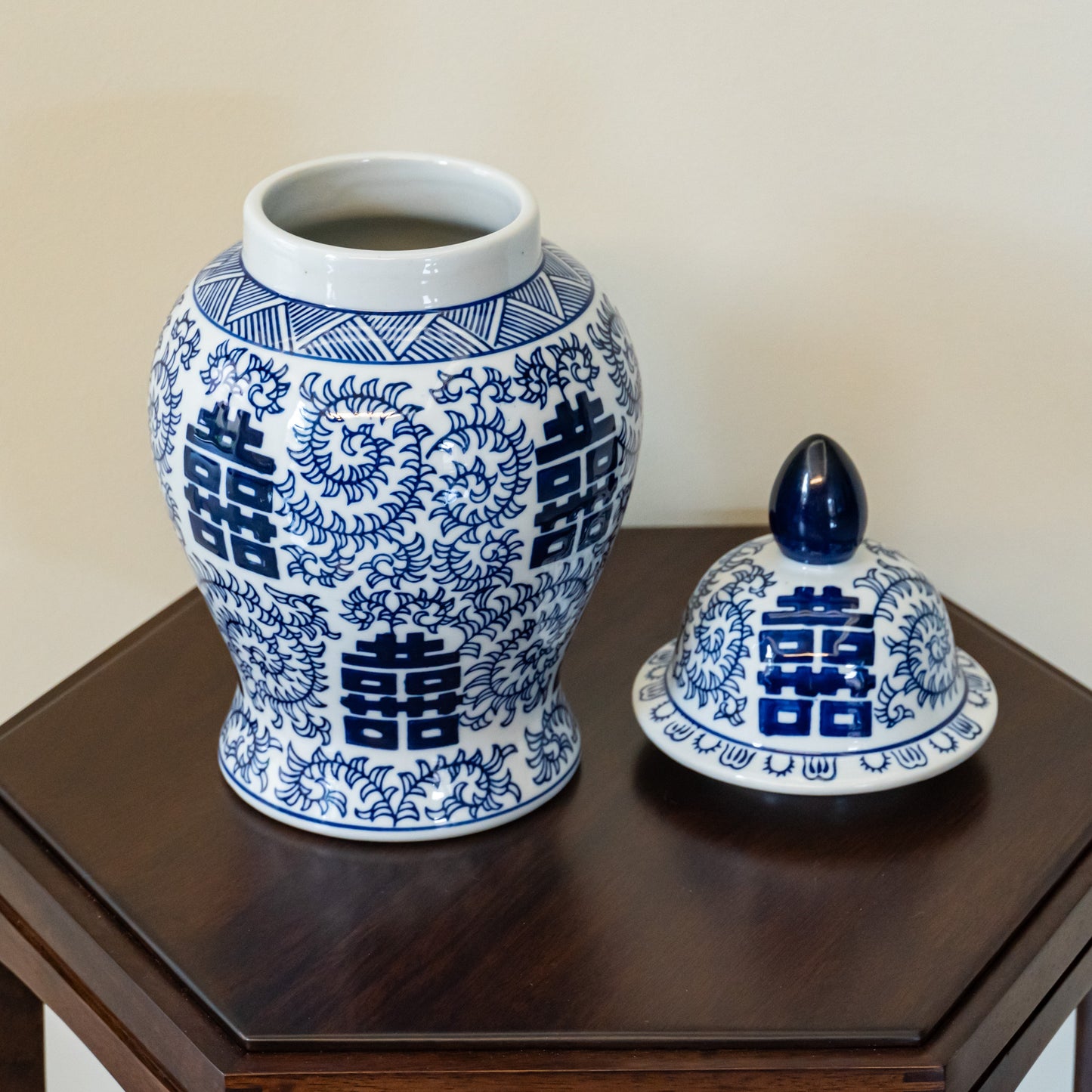Ginger Jar Double Happiness Blue and White with Lotus Motif - Traditional Chinese Porcelain Vase - Home and Office Decor