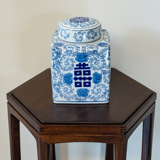 Traditional Blue & White Double Happiness Square Ginger Jar with lid, Candy Jar, snack jar, Porcelain Container for Home Decor