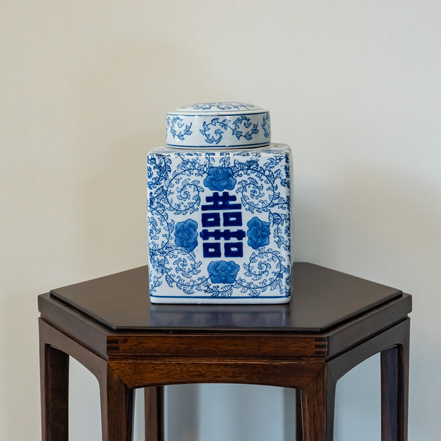 Traditional Blue & White Double Happiness Square Ginger Jar with lid, Candy Jar, snack jar, Porcelain Container for Home Decor
