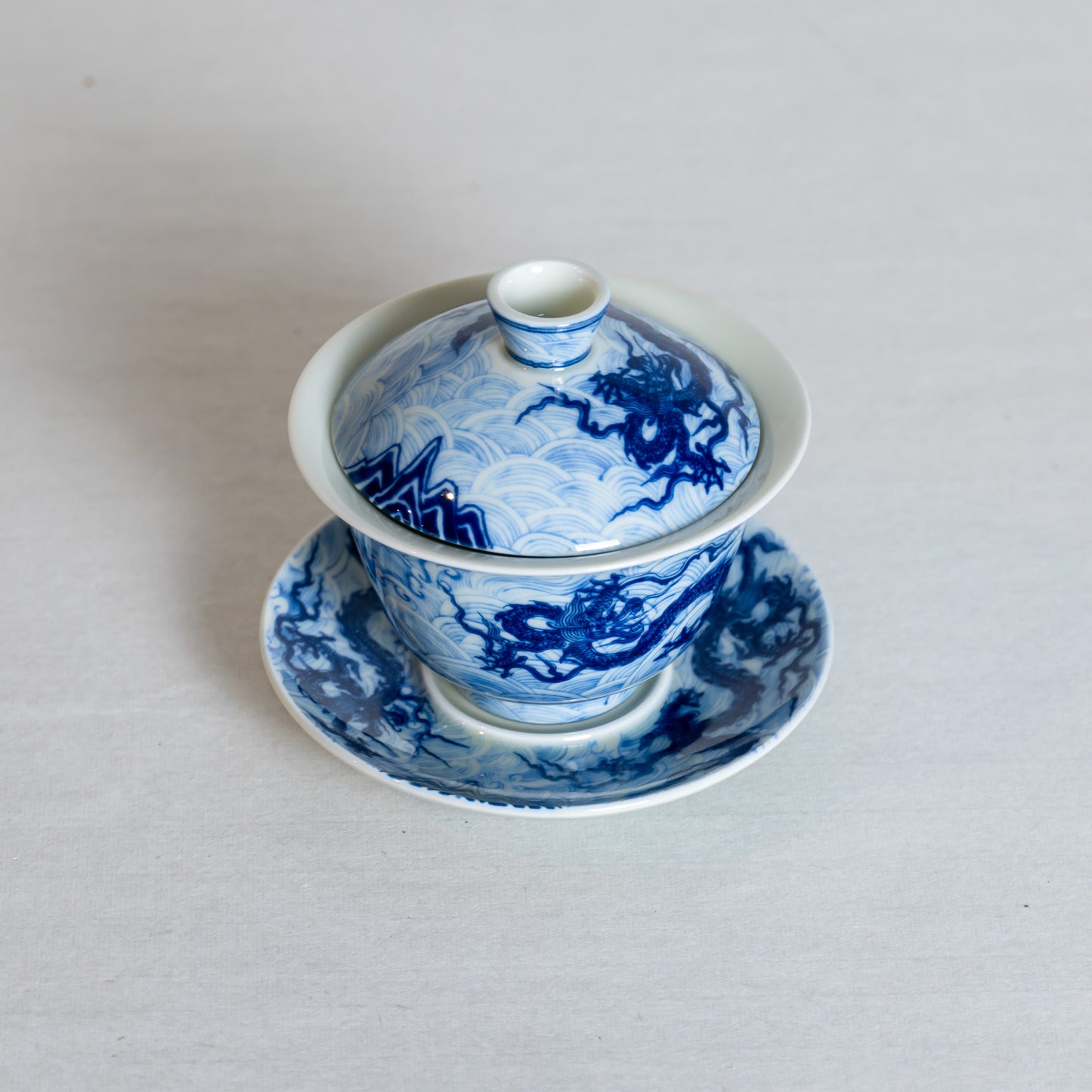 Blue and White Porcelain Dragon Sancai Gaiwan with Saucer and Lid