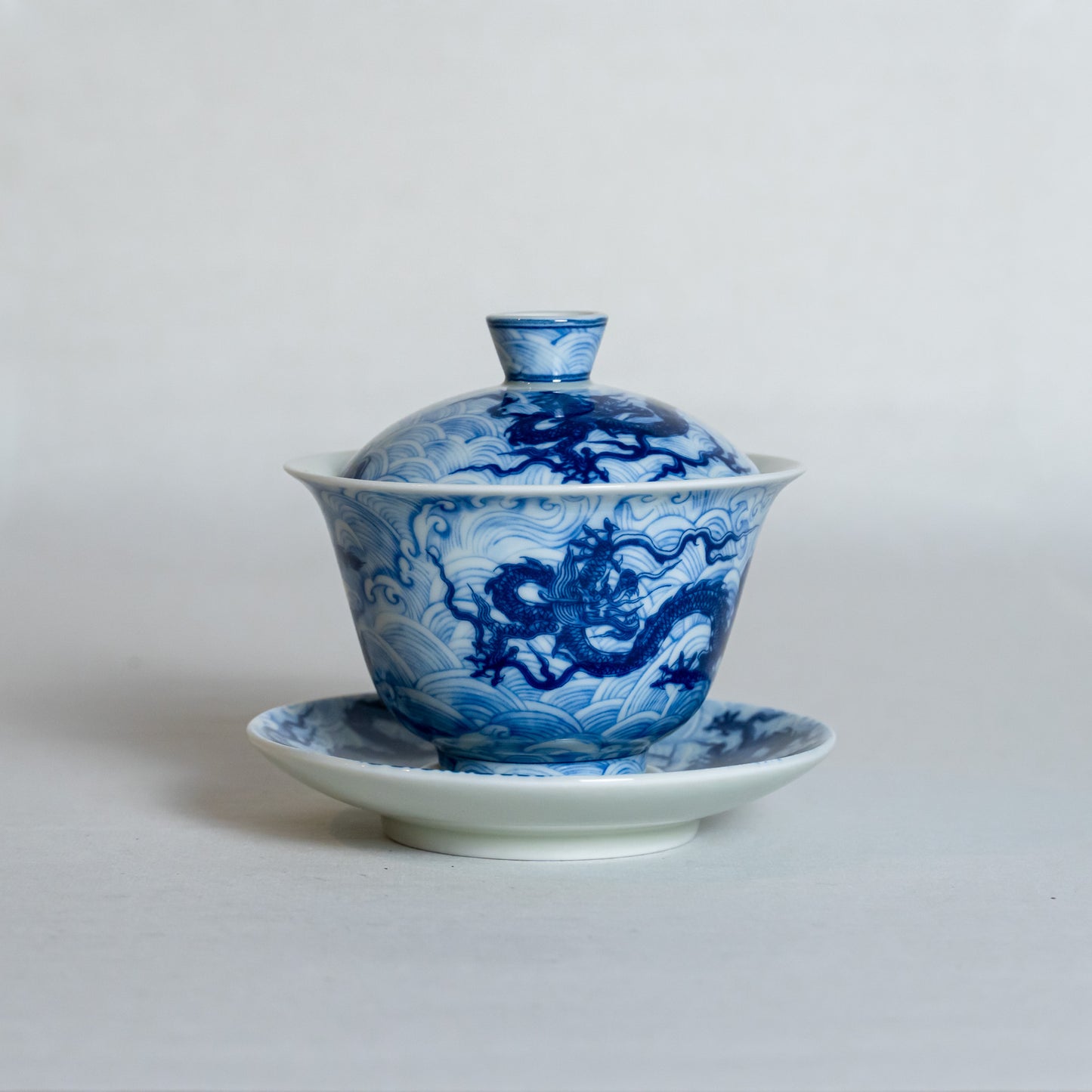 Blue and White Porcelain Dragon Sancai Gaiwan with Saucer and Lid