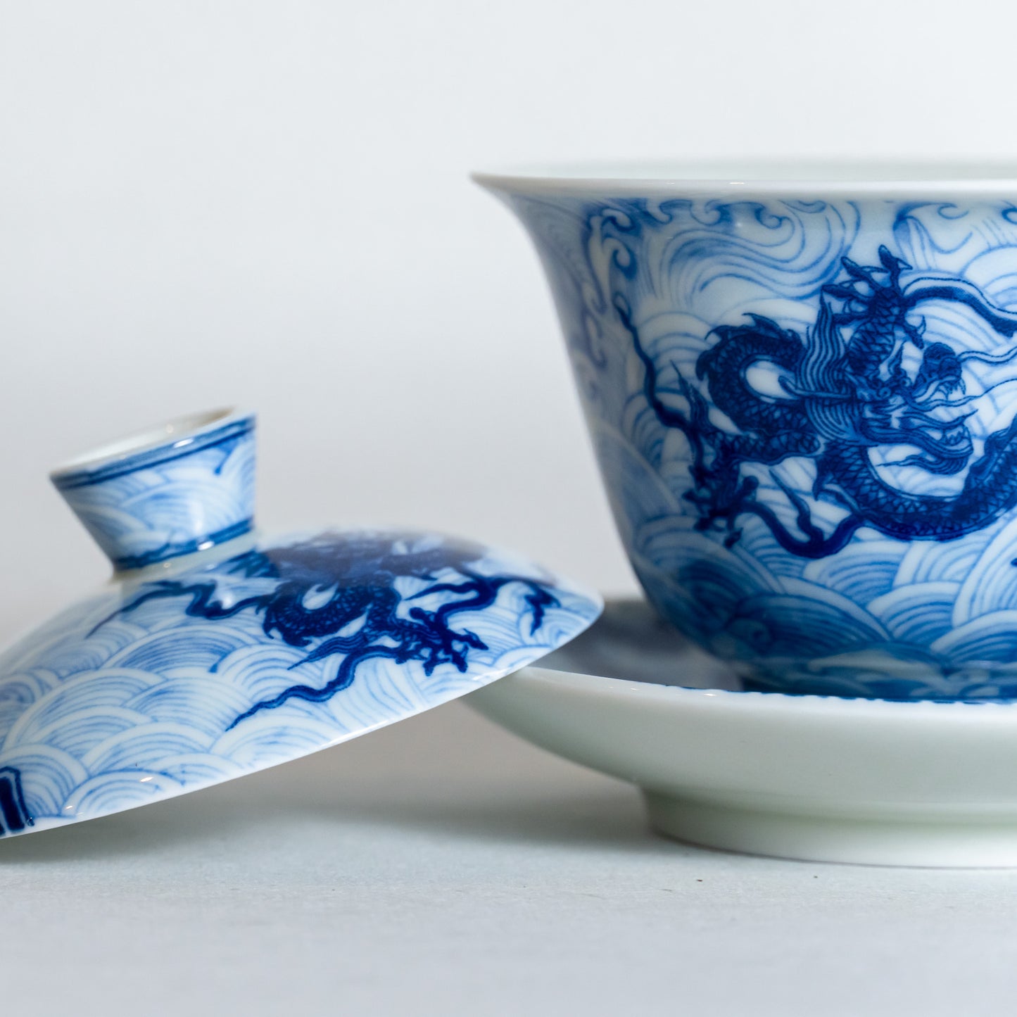 Blue and White Porcelain Dragon Sancai Gaiwan with Saucer and Lid