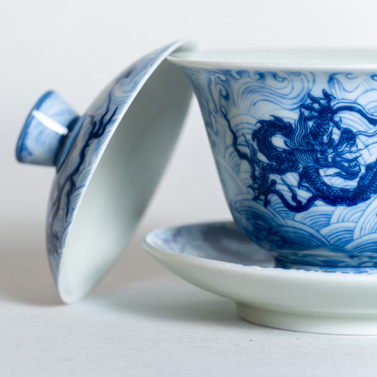 Blue and White Porcelain Dragon Sancai Gaiwan with Saucer and Lid