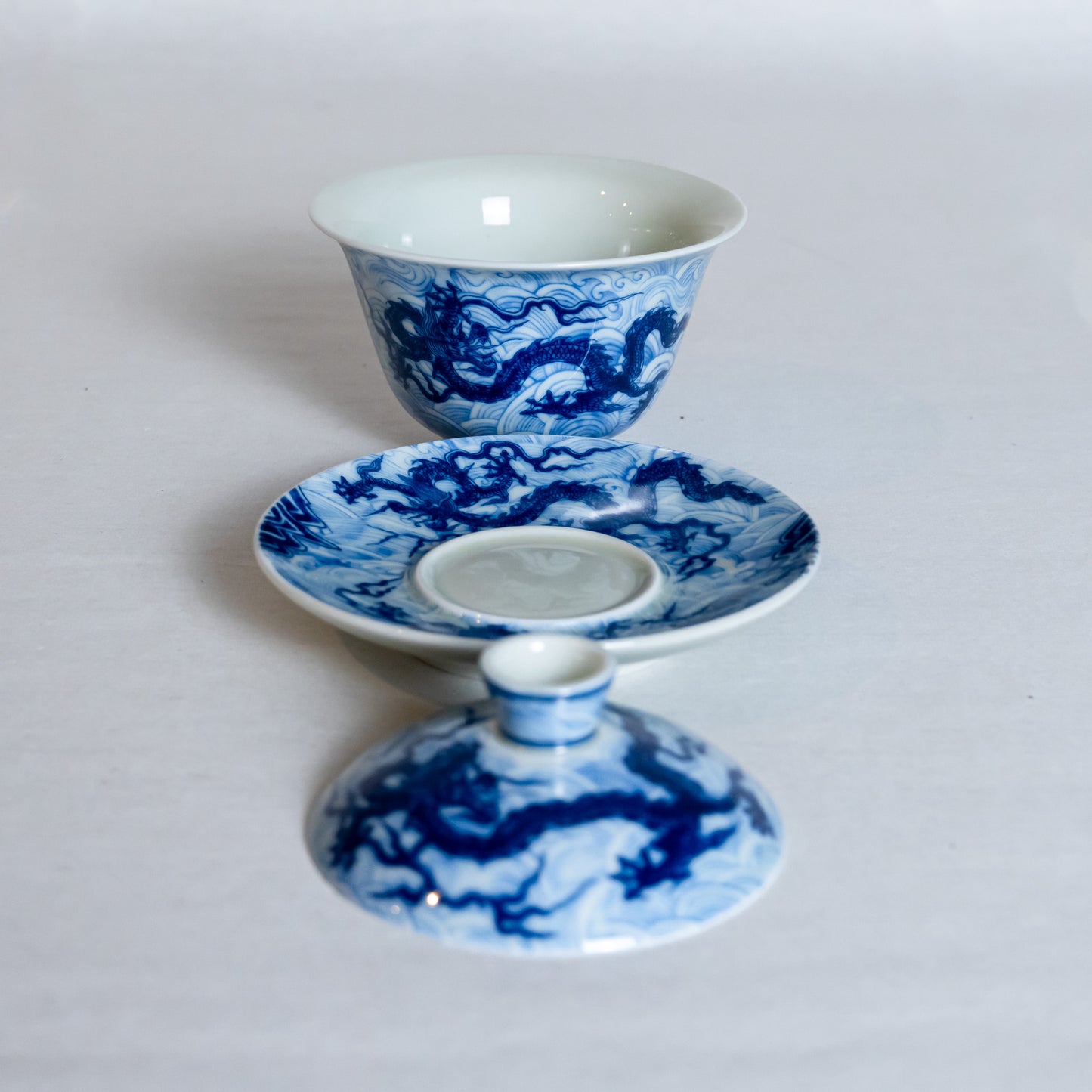 Blue and White Porcelain Dragon Sancai Gaiwan with Saucer and Lid