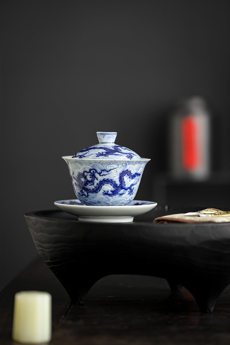 Blue and White Porcelain Dragon Sancai Gaiwan with Saucer and Lid