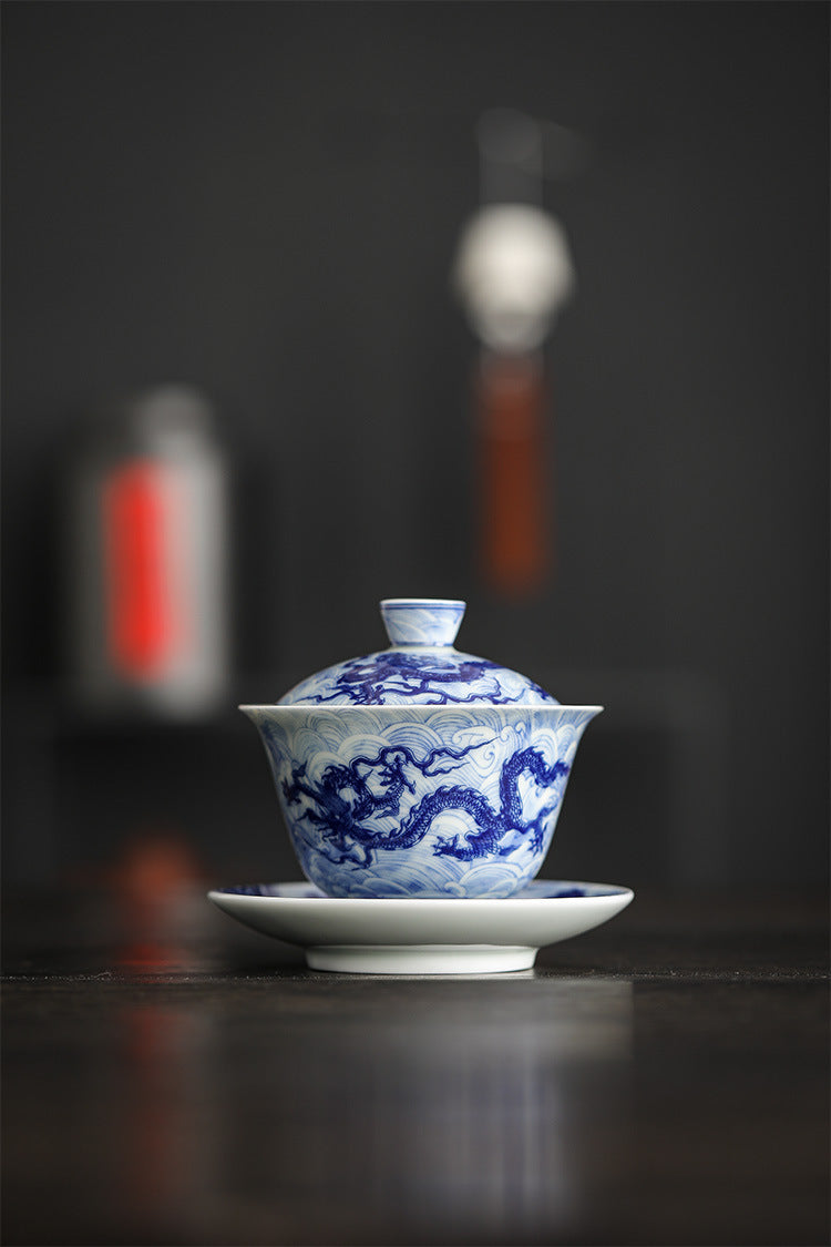 Blue and White Porcelain Dragon Sancai Gaiwan with Saucer and Lid