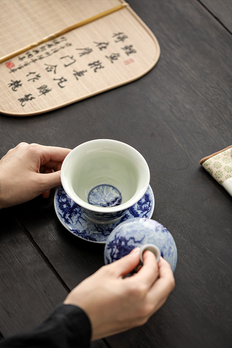 Blue and White Porcelain Dragon Sancai Gaiwan with Saucer and Lid