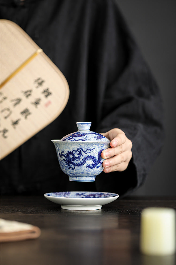 Blue and White Porcelain Dragon Sancai Gaiwan with Saucer and Lid