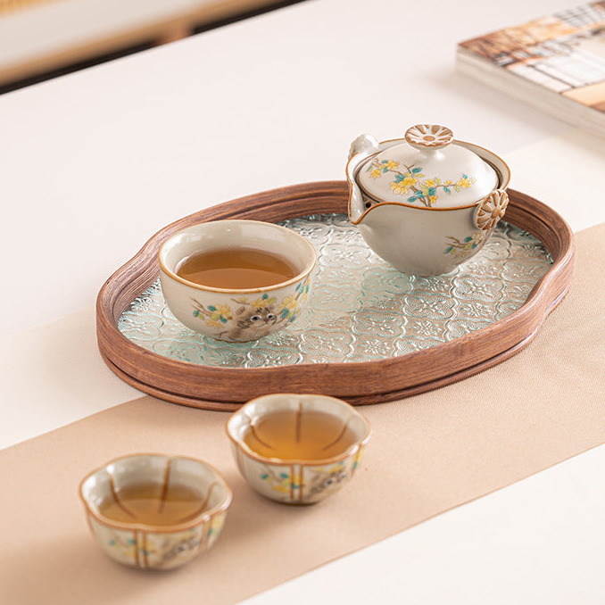 Portable Hand-Painted Cat Themed Porcelain Travel Tea Set