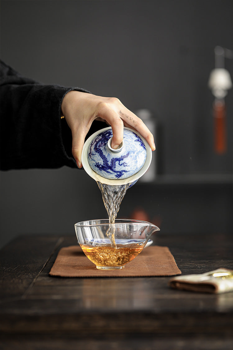 Blue and White Porcelain Dragon Sancai Gaiwan with Saucer and Lid