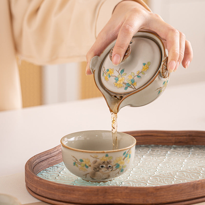 Portable Hand-Painted Cat Themed Porcelain Travel Tea Set