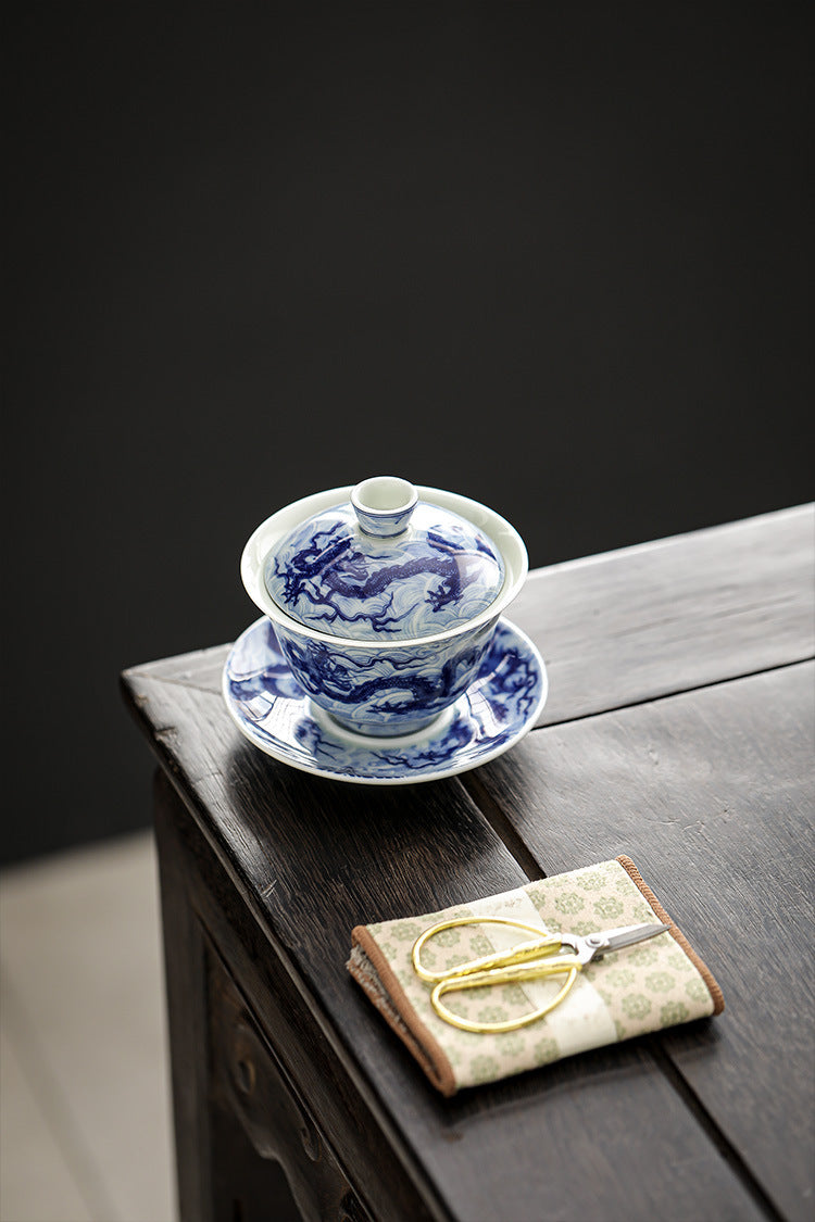 Blue and White Porcelain Dragon Sancai Gaiwan with Saucer and Lid