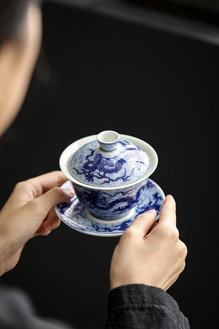 Blue and White Porcelain Dragon Sancai Gaiwan with Saucer and Lid