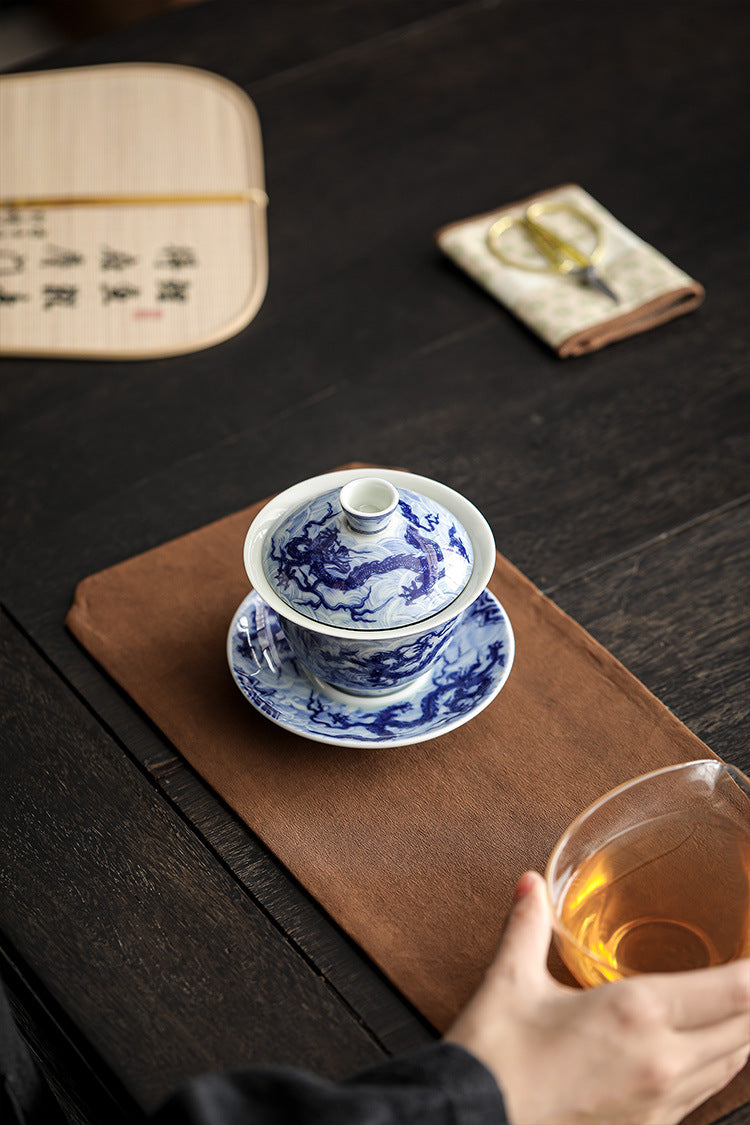 Blue and White Porcelain Dragon Sancai Gaiwan with Saucer and Lid